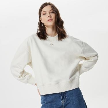  Calvin Klein Jeans Micro Monologo Crew Neck Kadın Beyaz Sweatshirt