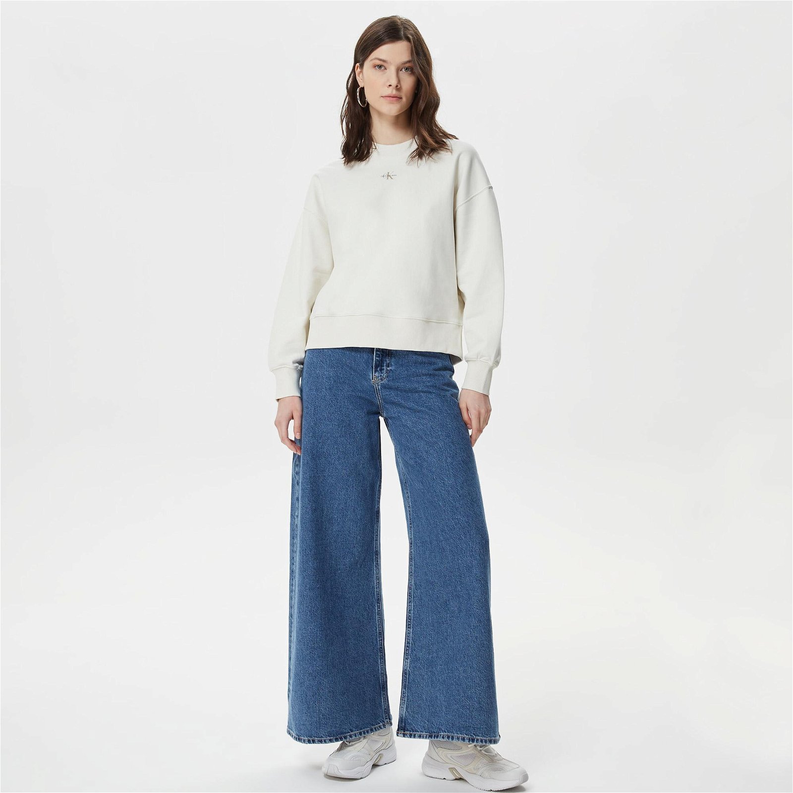 Calvin Klein Jeans Micro Monologo Crew Neck Kadın Beyaz Sweatshirt