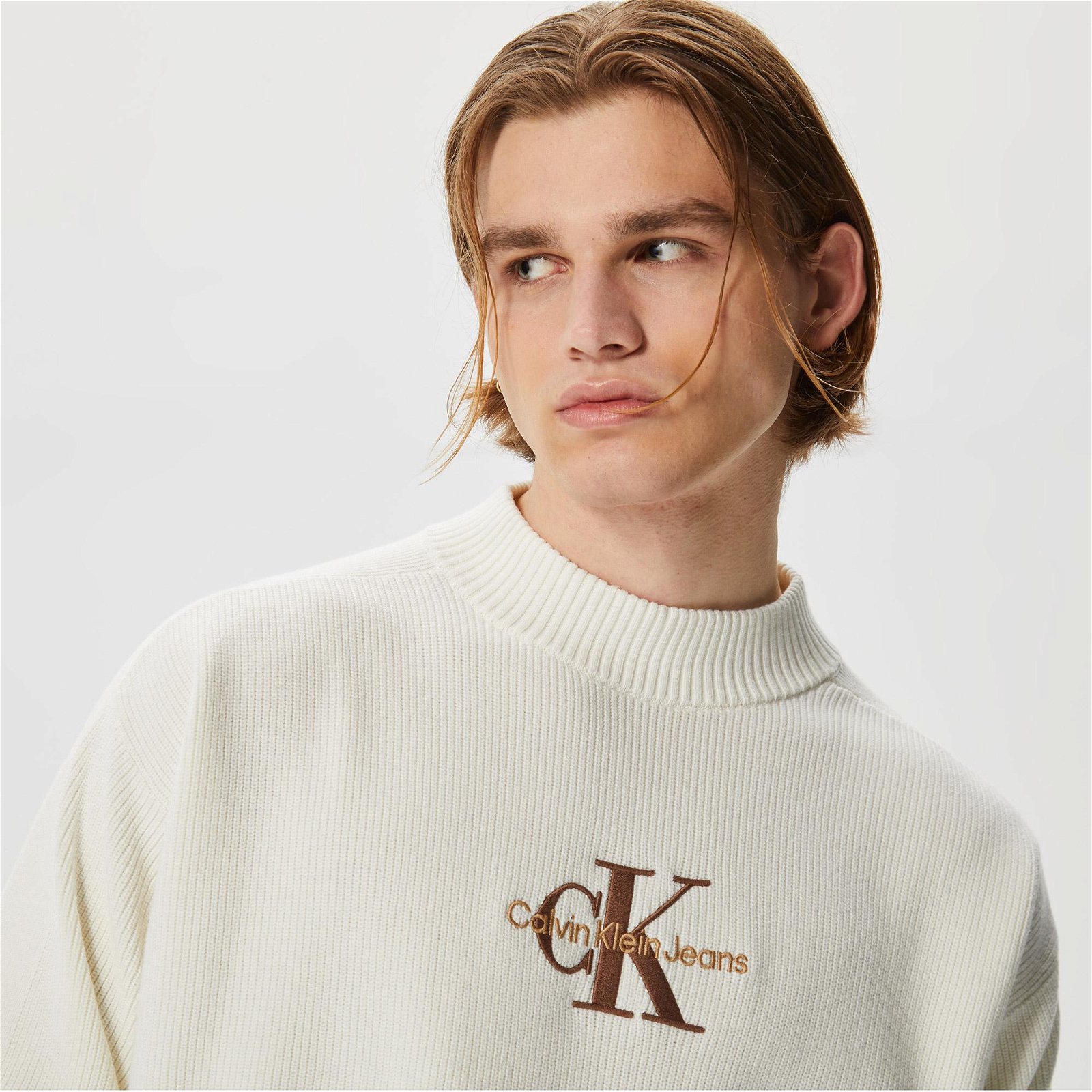 Calvin Klein Jeans Monologo Sweater Erkek Beyaz Kazak