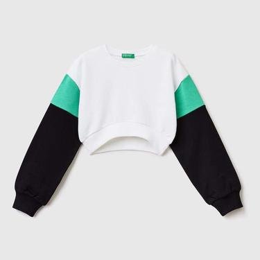  Benetton Renk Bloklu Crop Çocuk Beyaz Sweatshirt