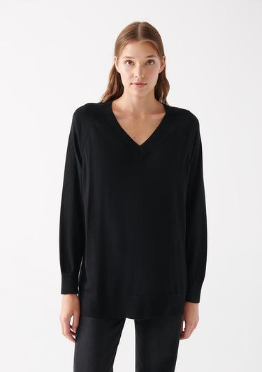  Mavi V Yaka Siyah Kazak Loose Fit / Bol Rahat Kesim 1710144-900