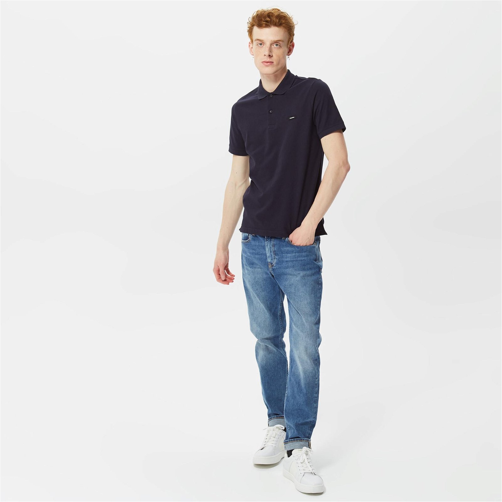 Calvin Klein Stretch Pique Slim Button Erkek Mavi Kısa Kollu Polo