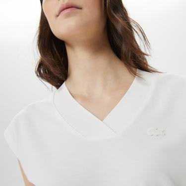  Lacoste Kadın Slim Fit V Yaka Beyaz T-Shirt