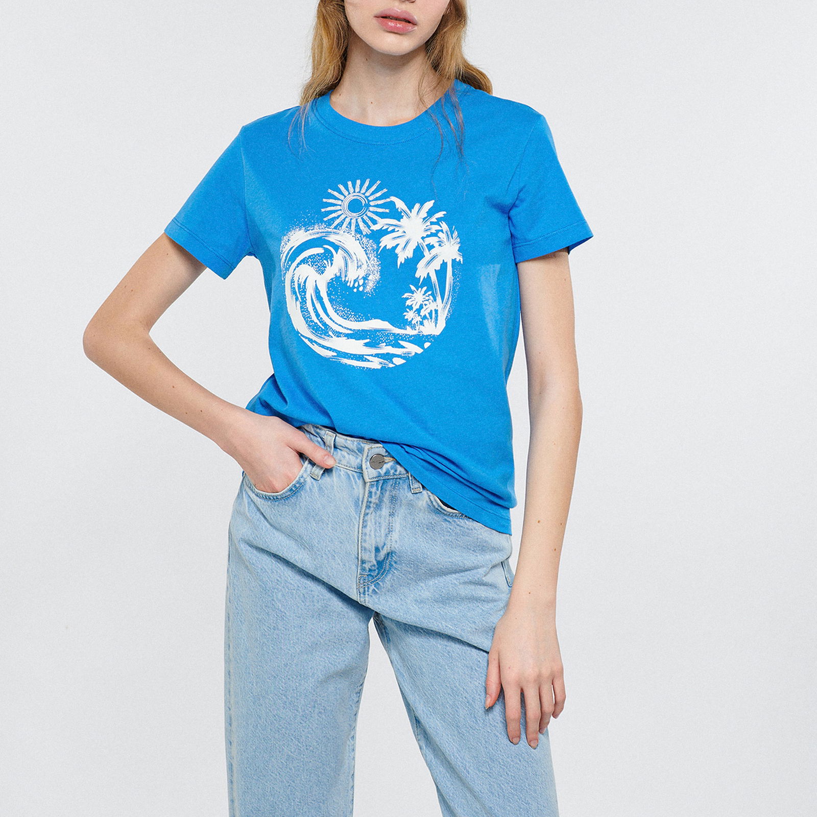 Mavi Dalga Baskılı Mavi Tişört Slim Fit / Dar Kesim 1611449-70858