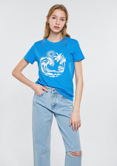  Mavi Dalga Baskılı Mavi Tişört Slim Fit / Dar Kesim 1611449-70858