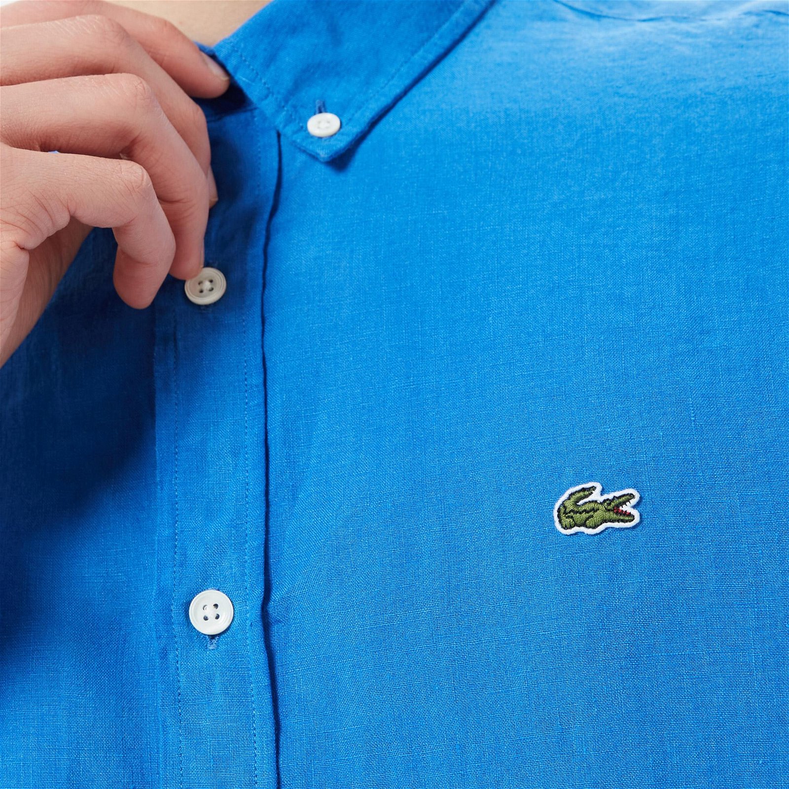 Lacoste Erkek Regular Fit Düğmeli Yaka Keten Mavi Gömlek