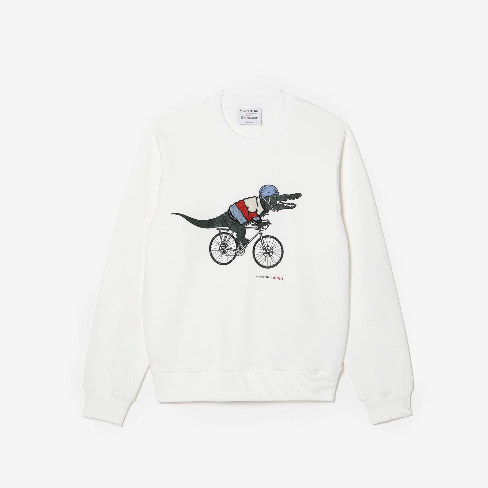 Lacoste x Netflix Kadın Loose Fit Bisiklet Yaka Baskılı Beyaz Sweatshirt