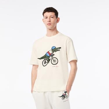  Lacoste x Netflix Erkek Relaxed Fit Bisiklet Yaka Baskılı Bej T-shirt