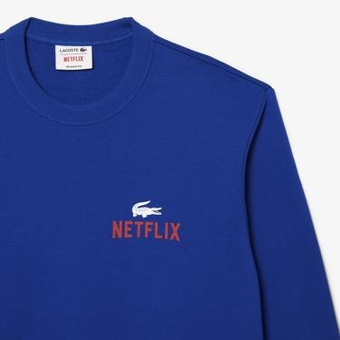  Lacoste x Netflix Unisex Regular Fit Bisiklet Yaka Baskılı Mavi Sweatshirt