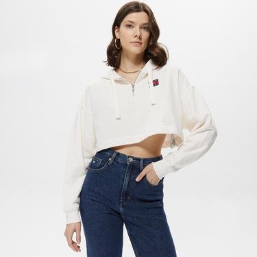  Tommy Jeans Cropped Badge Quarter Zip Kadın Beyaz Sweatshirt