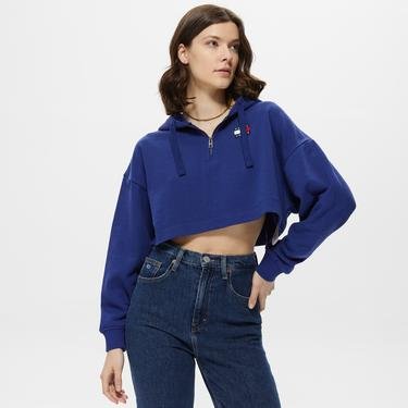  Tommy Jeans Cropped Badge Quarter Zip Kadın Mavi Sweatshirt