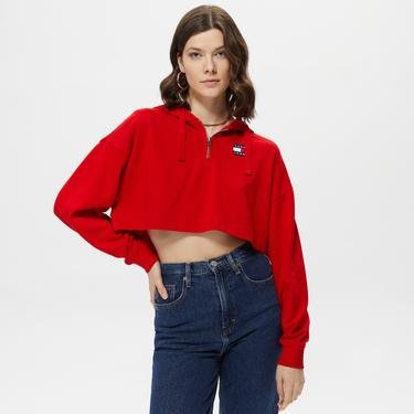  Tommy Jeans Cropped Badge Quarter Zip Kadın Kırmızı Sweatshirt
