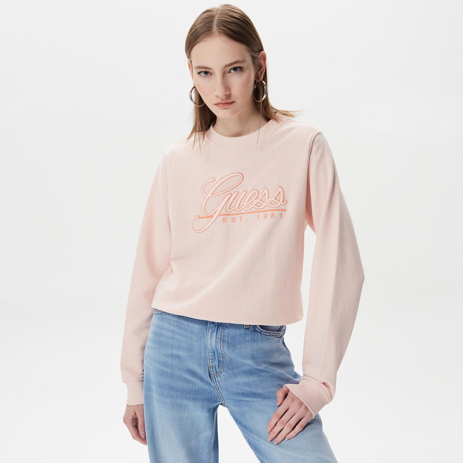 Guess Cn Logo Script Kadın Pembe Sweatshirt