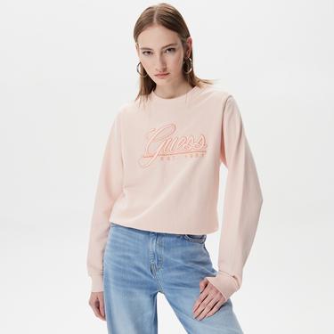  Guess Cn Logo Script Kadın Pembe Sweatshirt