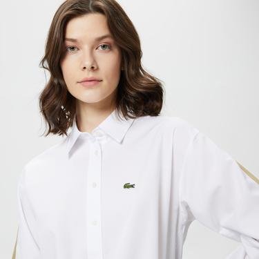  Lacoste Kadın Oversize Renk Bloklu Beyaz Gömlek