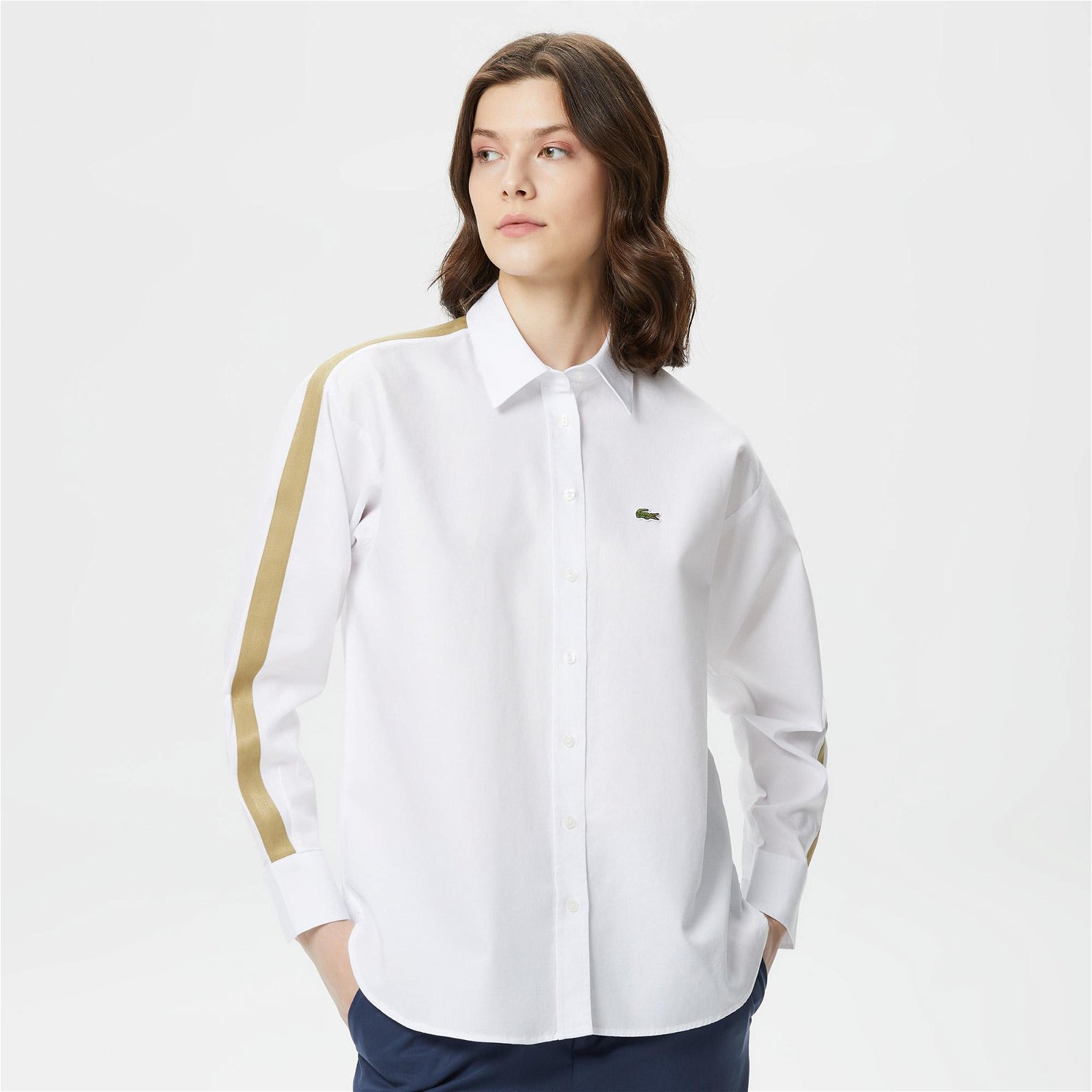 Lacoste Kadın Oversize Renk Bloklu Beyaz Gömlek