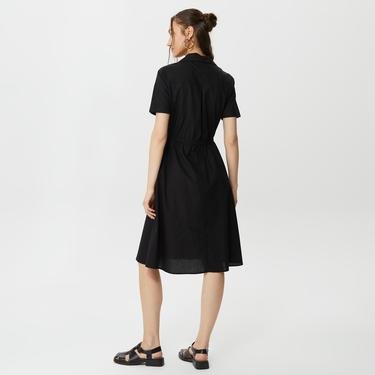  Benetton %100 Koton Gömlek Yaka Kemerli Kadın Siyah Elbise