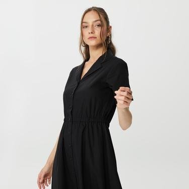  Benetton %100 Koton Gömlek Yaka Kemerli Kadın Siyah Elbise