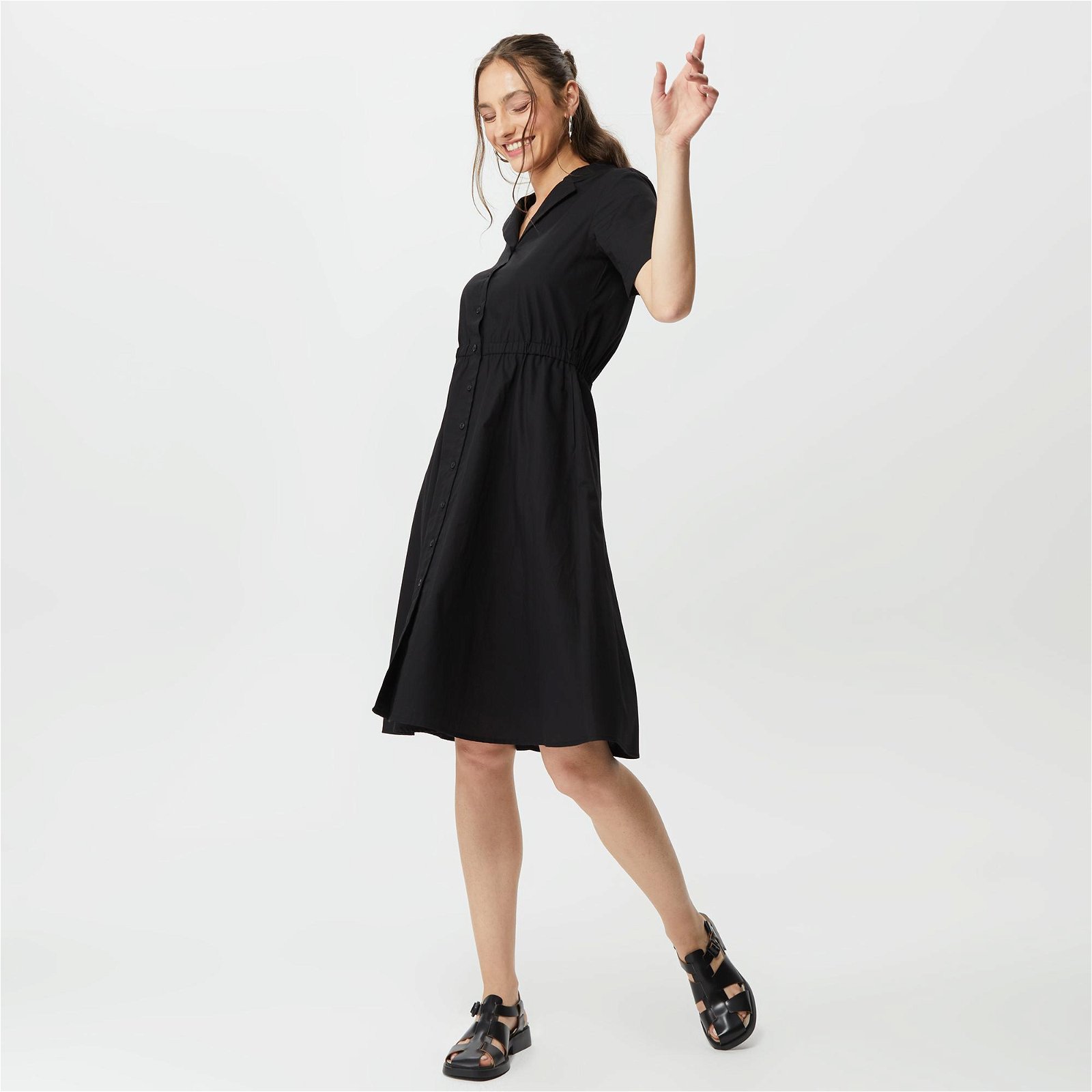 Benetton %100 Koton Gömlek Yaka Kemerli Kadın Siyah Elbise