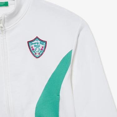  Benetton Kontrast Çizgili Simli Patch İşlemeli Çocuk Beyaz Sweatshirt