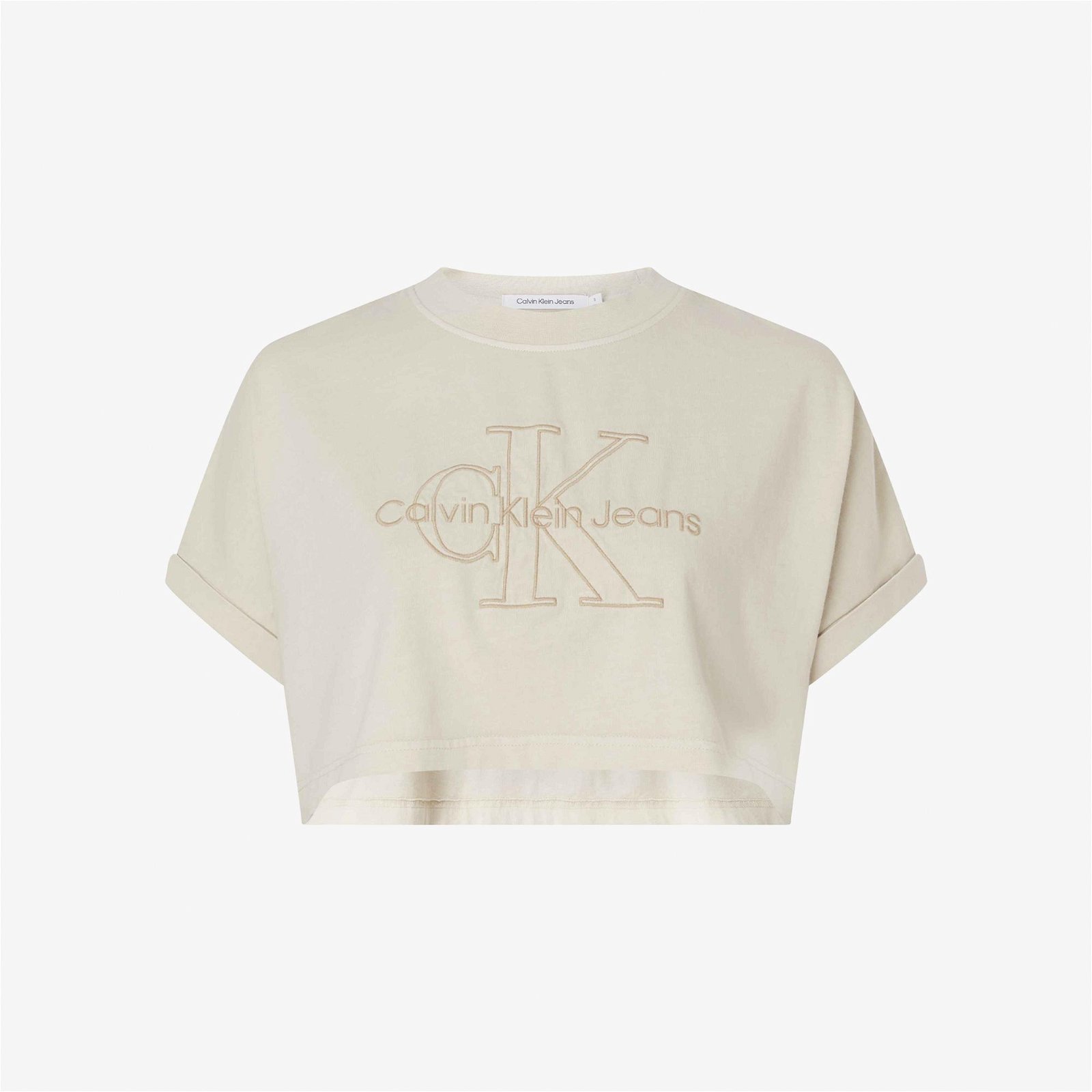  Calvin Klein Jeans Embroidered Monologo Cropped Kadın Bej T-Shirt