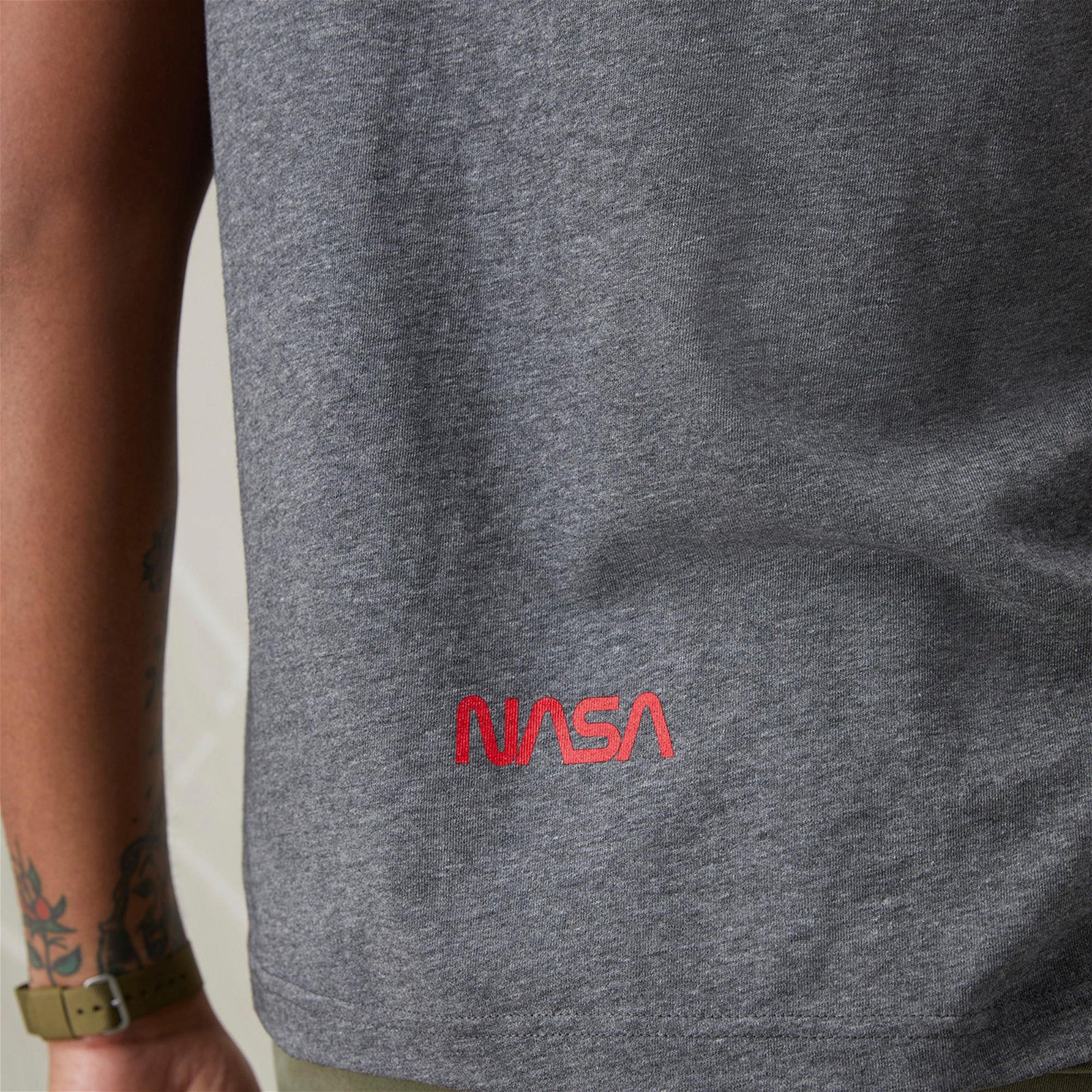 Alpha Industries Nasa Worm Logo Erkek Gri T-Shirt