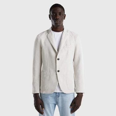  Benetton Keten Karışımlı Regular Fit Blazer Erkek Beyaz Ceket