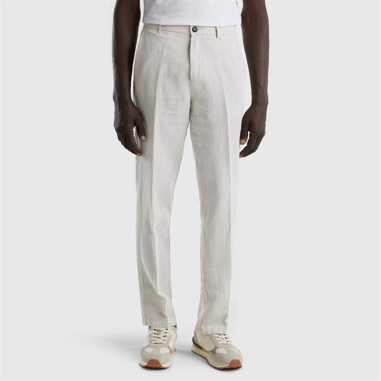 Benetton Keten Karışımlı Regular Fit Chino Erkek Beyaz Pantolon