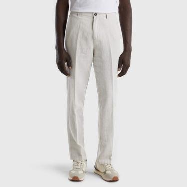  Benetton Keten Karışımlı Regular Fit Chino Erkek Beyaz Pantolon