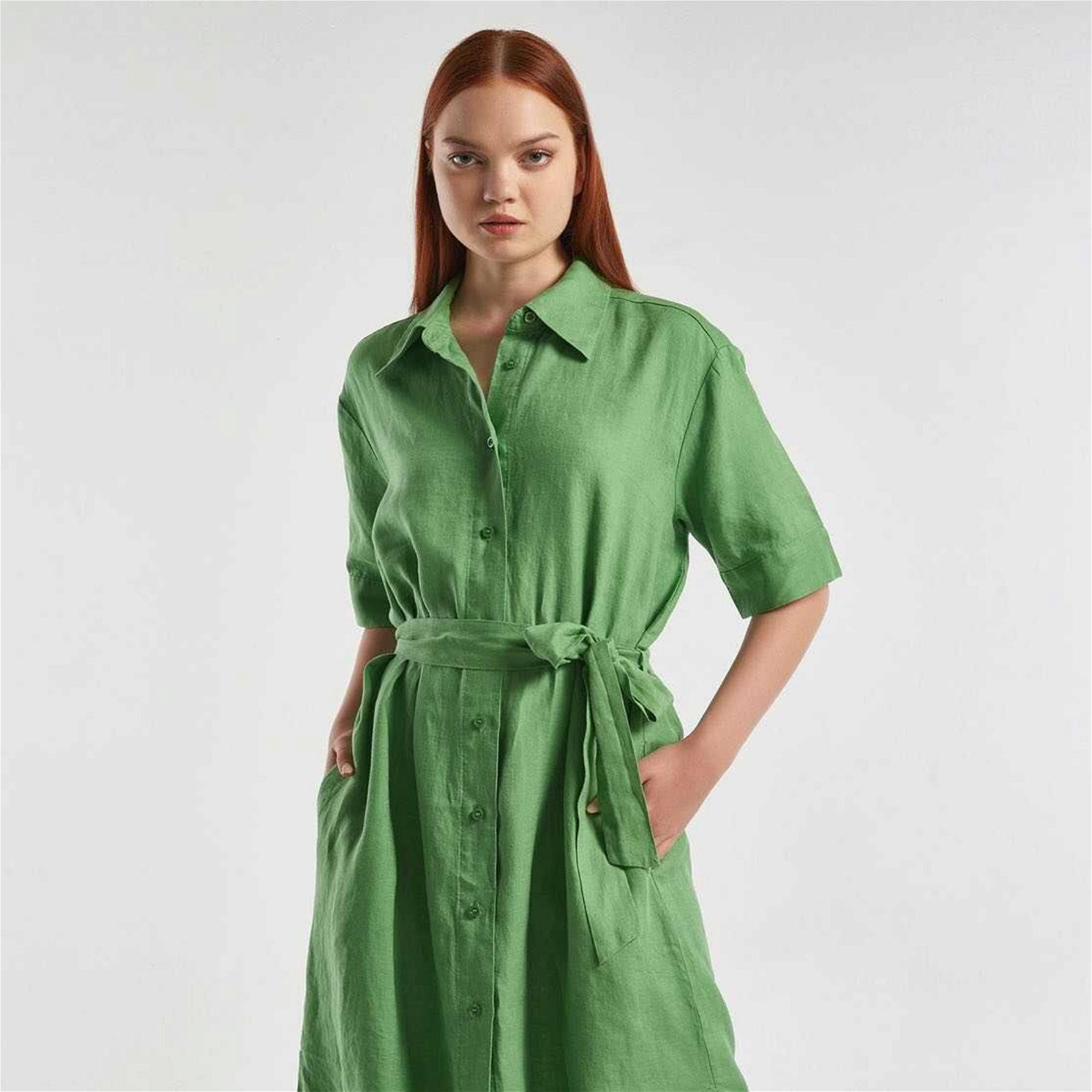 Benetton Yaka Kemerli Kadın Kuşkonmaz Rengi Elbise