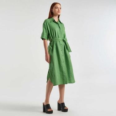  Benetton Yaka Kemerli Kadın Kuşkonmaz Rengi Elbise