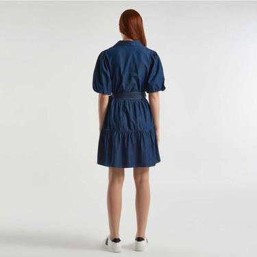  Benetton Kısa Kabarık Kollu Kemerli Şamre Denim Kadın Koyu Denim Elbise