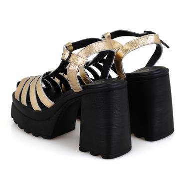  Libby Altın Kadın Platform Topuklu Deri Sandalet