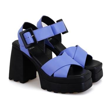  Lilian Mavi Kadın Platform Topuklu Deri Sandalet