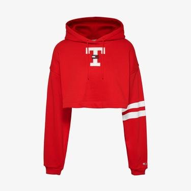  Tommy Jeans Sp Crop Letterman Flag Hoodie Kadın Kırmızı Sweatshirt