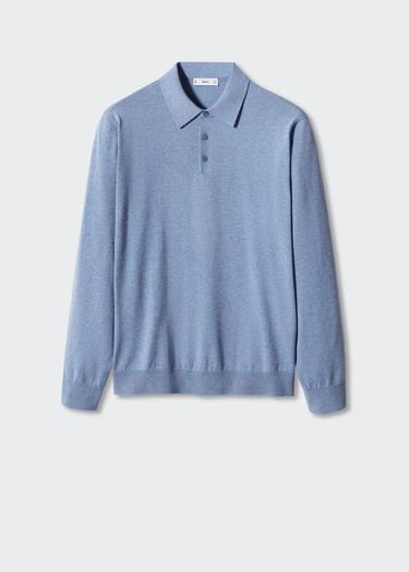  Mango Erkek Uzun Kollu Pamuklu Triko Polo Gömlek Mavi
