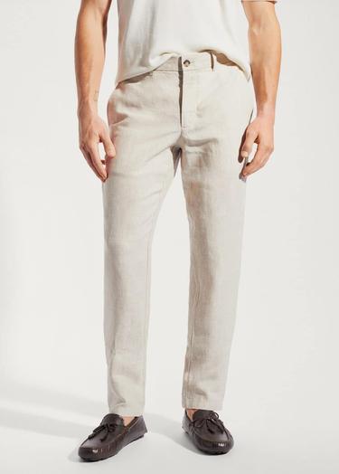  Mango Erkek Slim Fit %100 Keten Pantolon Ekru