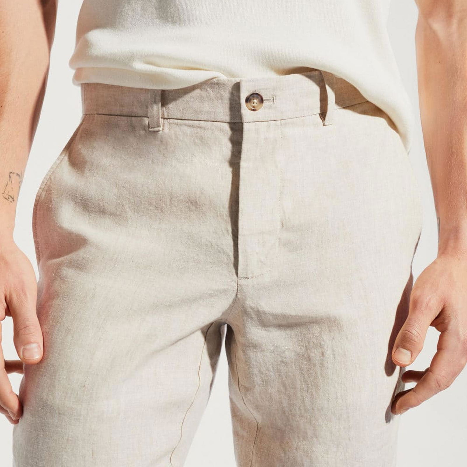 Mango Erkek Slim Fit %100 Keten Pantolon Ekru