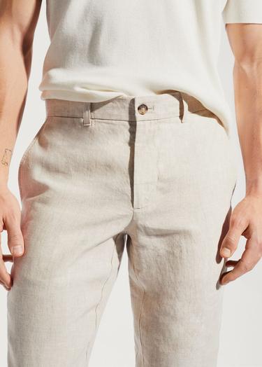  Mango Erkek Slim Fit %100 Keten Pantolon Ekru