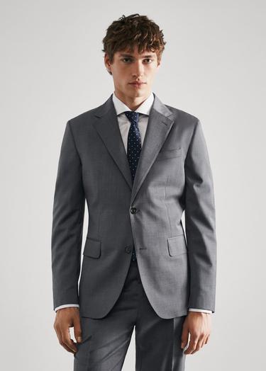  Mango Erkek Kırkım Yünlü Dar Kesim Takım Blazer Ceket Gri