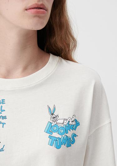  Mavi Bugs Bunny Baskılı Beyaz Tişört Crop / Kısa Kesim 1612066-80194
