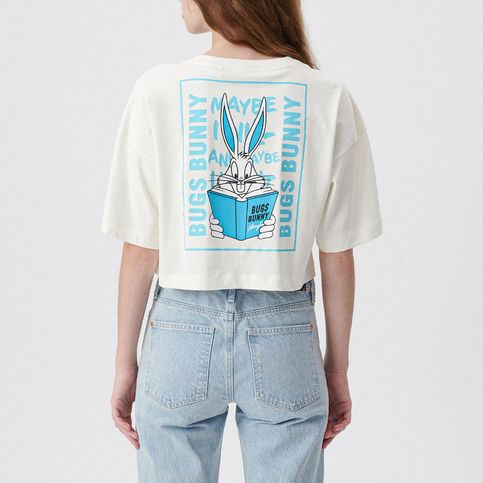 Mavi Bugs Bunny Baskılı Beyaz Tişört Crop / Kısa Kesim 1612066-80194