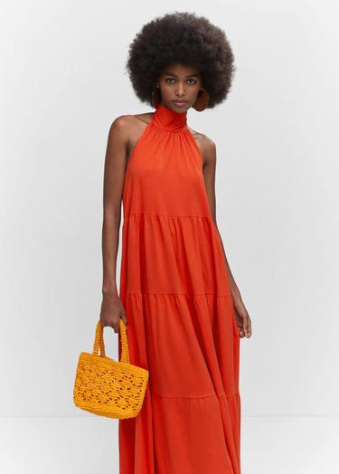  Mango Kadın Sırtı Açık Halter Elbise Turuncu