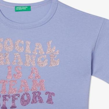  Benetton Simli Slogan Baskılı Çocuk Leylak T-Shirt