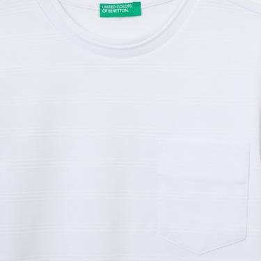  Benetton Kabartma Şeritli Cepli Çocuk Beyaz T-Shirt