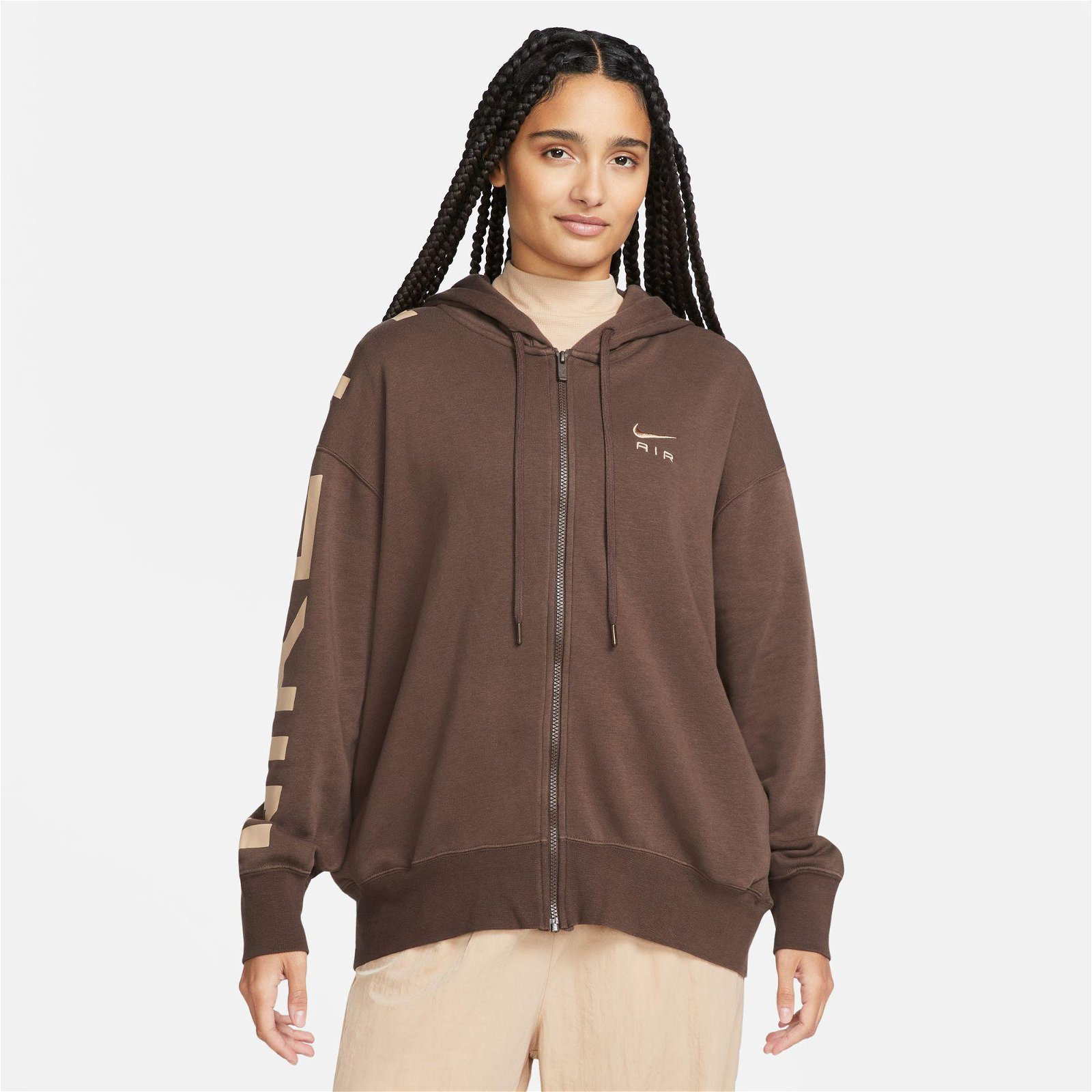 Nike Sportswear Air Fleece Oversize Full Zip Hooded Kadın Kahverengi Sweatshirt