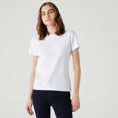  Lacoste Kadın Slim Fit Bisiklet Yaka Baskılı Beyaz T-Shirt