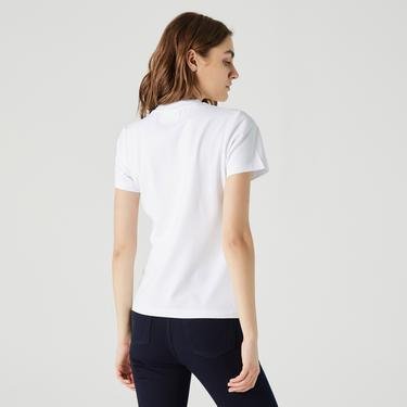  Lacoste Kadın Slim Fit Bisiklet Yaka Baskılı Beyaz T-Shirt