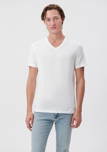  Mavi V Yaka Beyaz Basic Tişört Slim Fit / Dar Kesim 065586-620