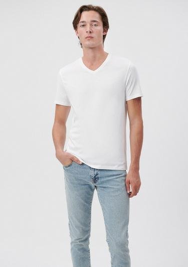  Mavi V Yaka Beyaz Basic Tişört Slim Fit / Dar Kesim 065586-620